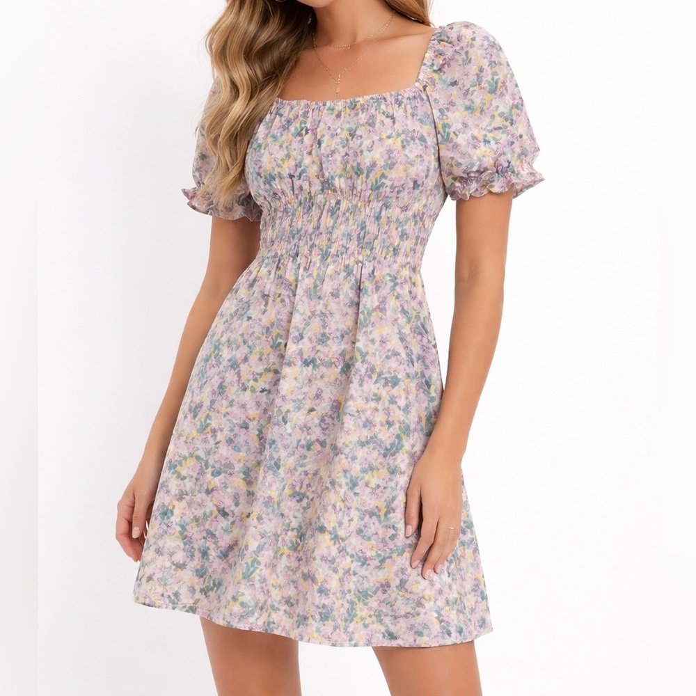 Iris Pink Floral Smocked Mini Dress Puff Sleeve Cottagecore M NWT